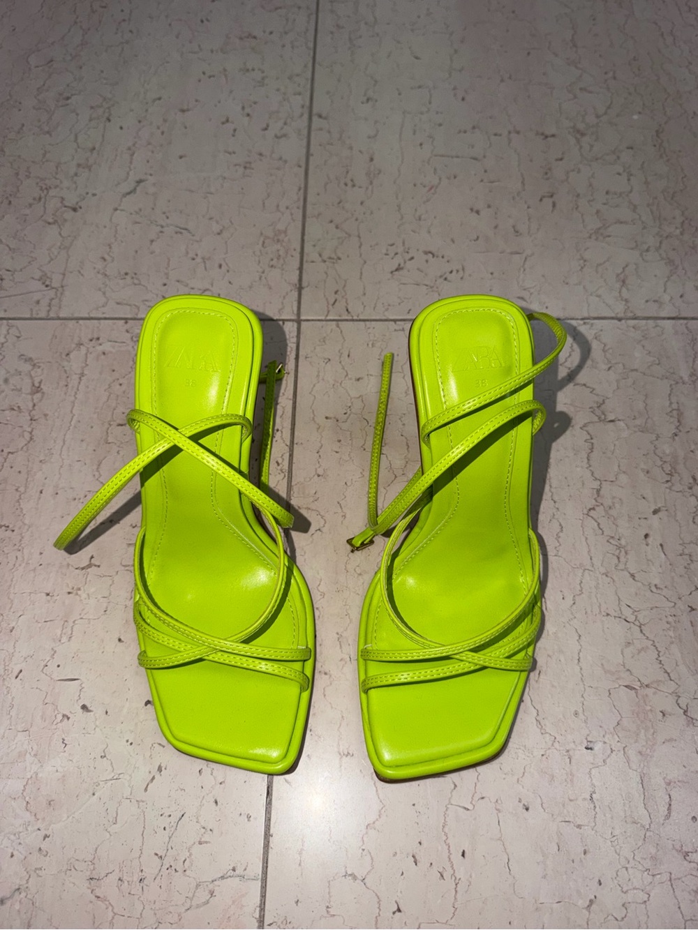 Zara Neon Lime Strappy Square-Toe Women’s Sandal Heels